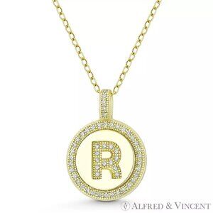 Initial Letter "R" CZ Crystal Pave Pendant in .925 Sterling Silver w/ 14k YG